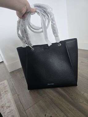 Calvin Klein Black Textured Leather Tote with Silver Hardware